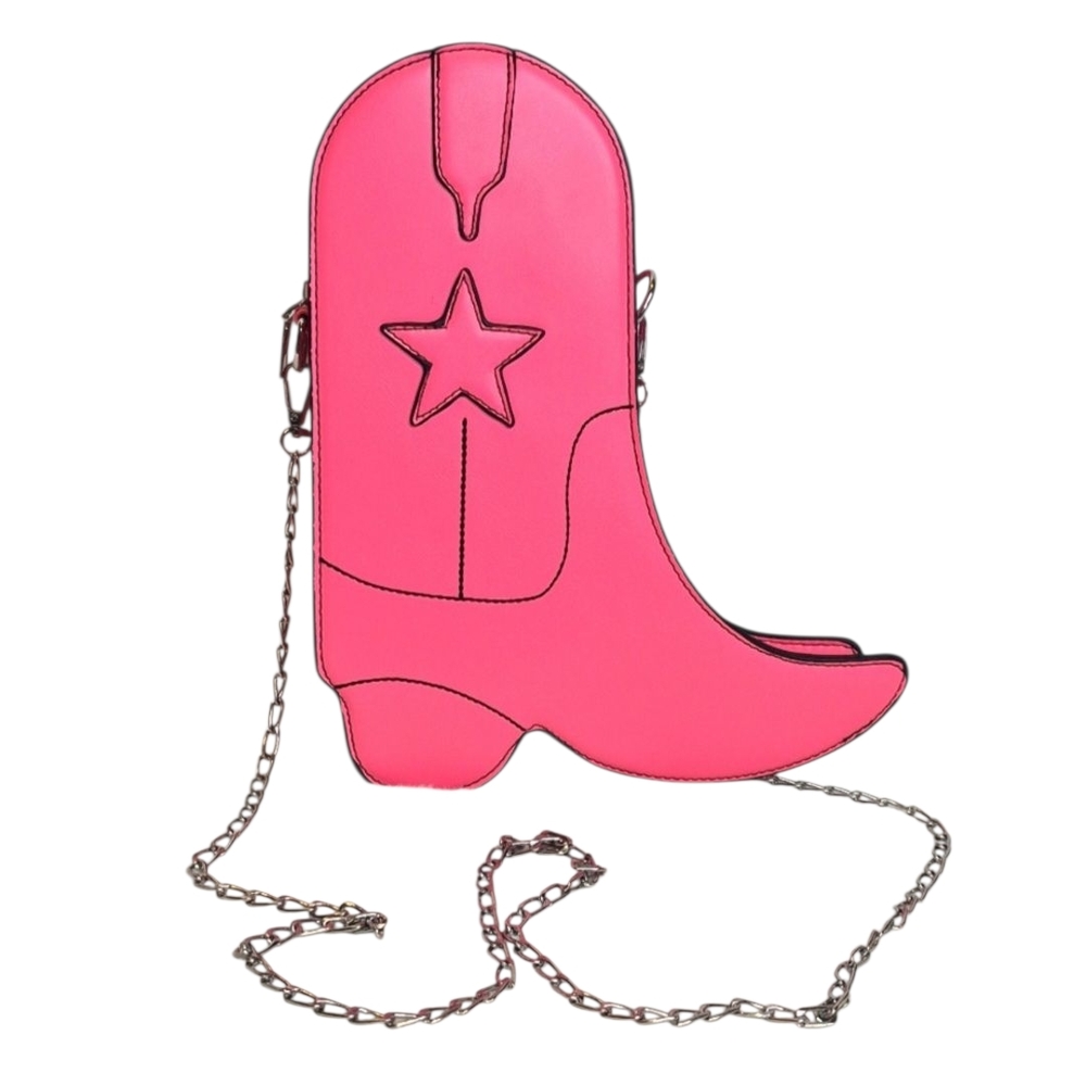 Pink Cowboy Boot Shaped Crossbody Bag Star Embellished Silver Chain